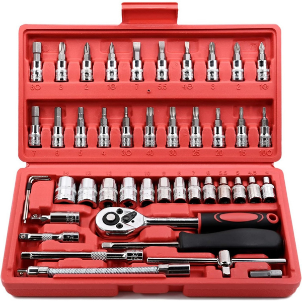 46 Pieces 1/4 inch Drive Socket Ratchet Wrench Set, with Bit Socket Set Metric and Extension Bar for Auto Repairing and Household, with Storage Case，red