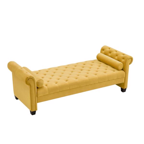 Yellow, Solid Wood Legs Velvet Rectangular Sofa Bench with Attached Cylindrical Pillows 