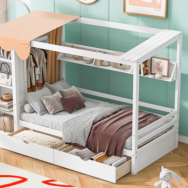 Twin size House Bed with Two Drawers and Wardrobe,White