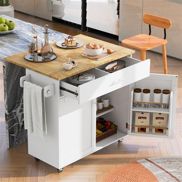 K&K Rolling Kitchen Island with Storage, Kitchen Cart with Rubber Wood Top, Spacious Drawer with Divider and Internal Storage Rack, Kitchen Island on Wheels with Adjustable Shelf Tower Rack, White