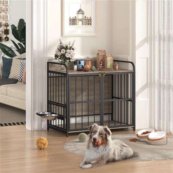 39'' Indoor Metal Dog Crate with Double Doors, Wooden Side End Table Crate, Dog Crate Furniture with Adjustable Feeder Stand, for Medium Dog, Gray