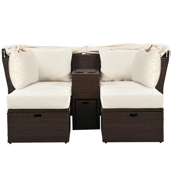 2-Seater Outdoor Patio Daybed Outdoor Double Daybed Outdoor Loveseat Sofa Set with Foldable Awning and Cushions for Garden, Balcony, Poolside, Beige