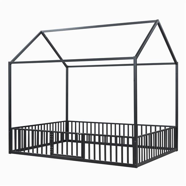 Full Size Metal House Bed with Fence and Door, Black