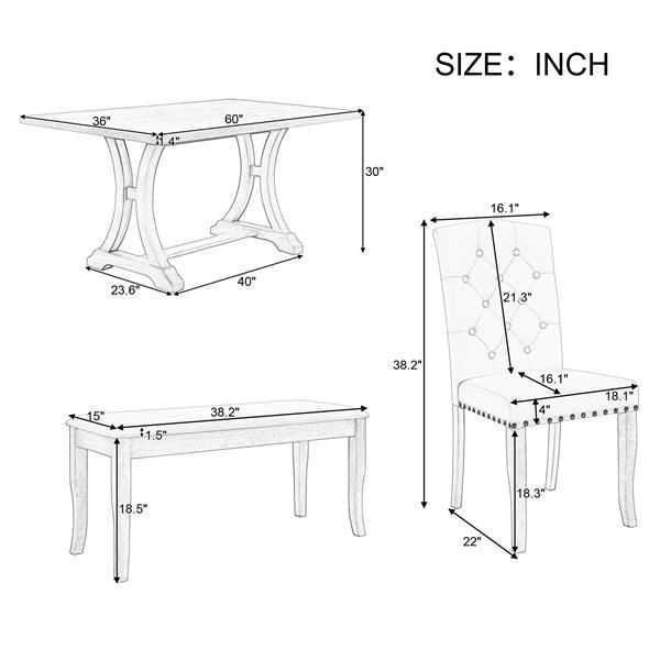 6-Piece Farmhouse Dining Table Set, Rectangular Trestle Table and 4 Upholstered Chairs & Bench for Dining Room (Antique Gray)