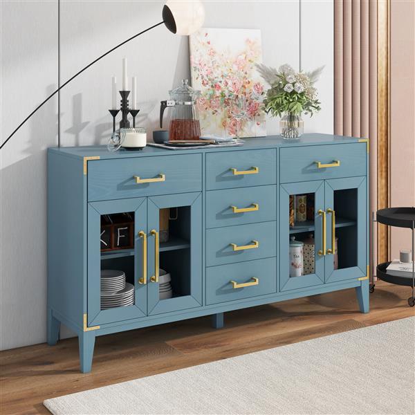 6-drawer and 2-Cabinet Retro Sideboard with Extra Large Storage Space, with ld Handles and Solid Wood Legs, for Kitchen and Living Room (Antique Blue)