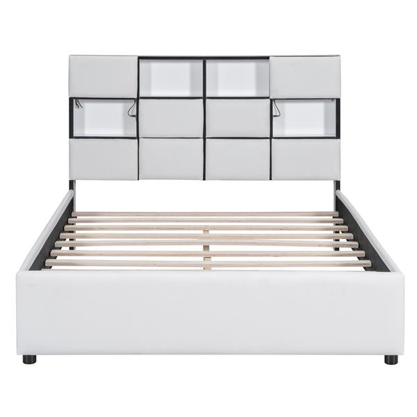 Full Size Upholstered Platform Bed with LED, Storage and USB, Beige