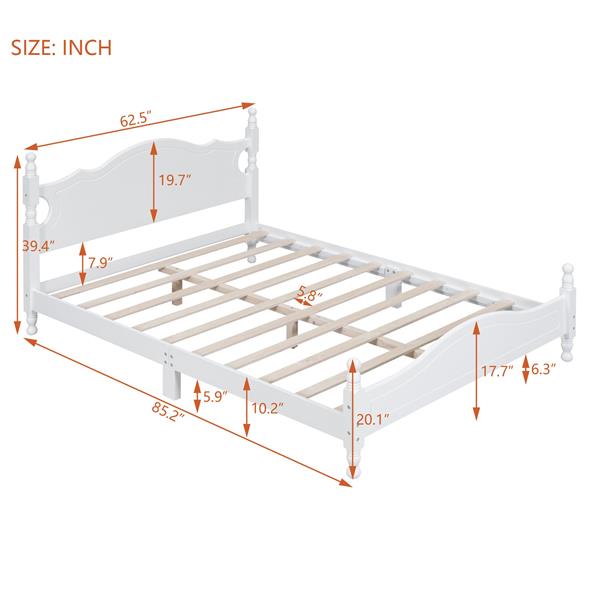 Queen Size Wood Platform Bed Frame,Retro Style Platform Bed with Wooden Slat Support,White