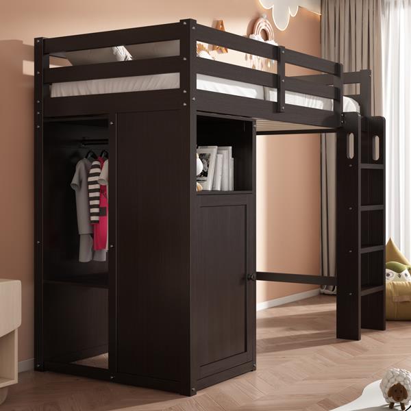 Twin Loft Bed with Wardrobe, Storage Shelves and Ladder, Espresso