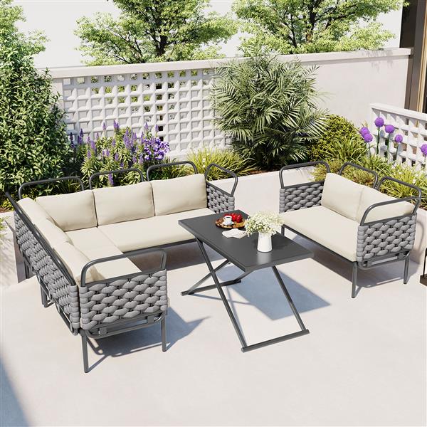 5-Piece Modern Patio Sectional Sofa Set Outdoor Woven Rope Furniture Set with Glass Table and Cushions, Gray+Beige