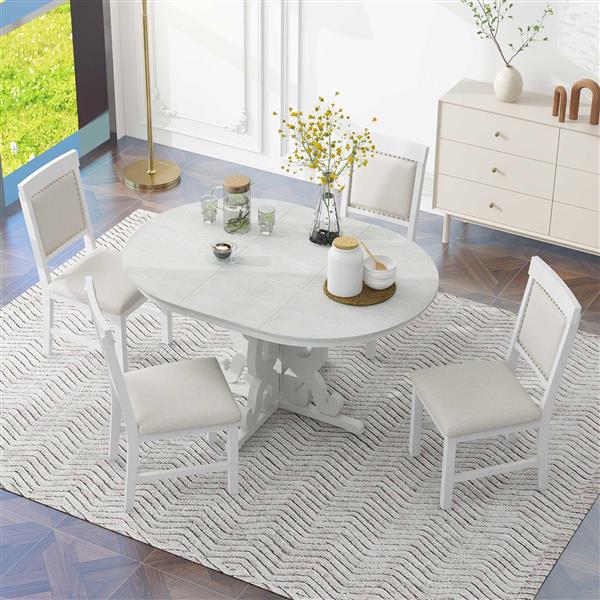 5-Piece Retro Functional Dining Set, 1 Extendable Table with a 16-inch Leaf and 4 Upholstered Chairs for Dining Room and Kitchen (Antique White)