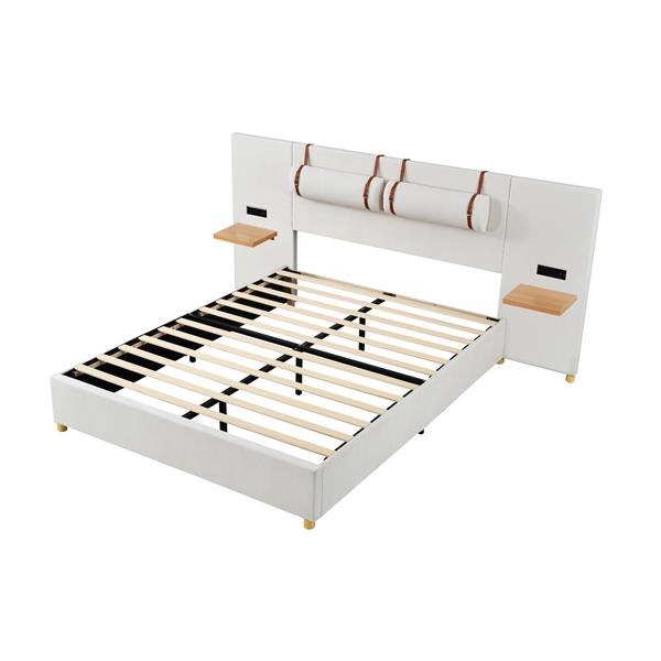 Queen Size Upholstered Platform Bed, Two Outlets and USB Charging Ports on Both Sides, Two Bedside Pillows, Storage Shelves, Beige