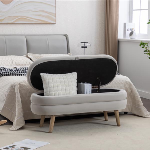 036-Velvet Fabric Storage Bench Bedroom Bench With Wood Legs For Living Room Bedroom Indoor,Light Gray