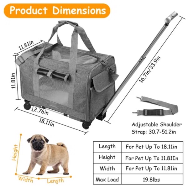 1pc Cat Dog Carrier with Wheels Airline Approved Rolling Pet Carrier with Telescopic Handle Shoulder Strap