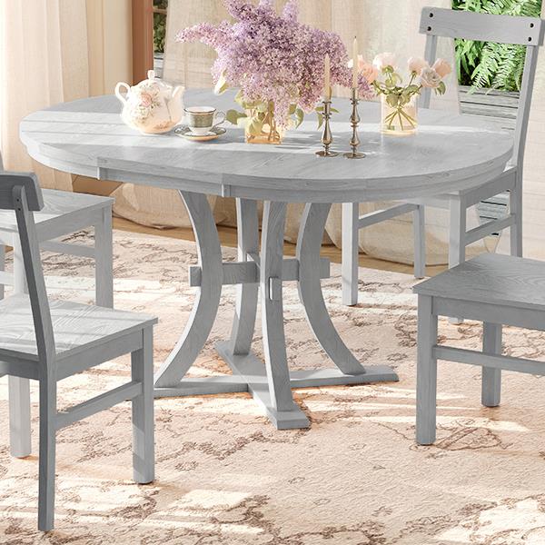 5-Piece Rustic Round Pedestal Extendable Dining Table Set with 15.7" Removable Leaf and Simple Dining Chirs for Small Places, Gray