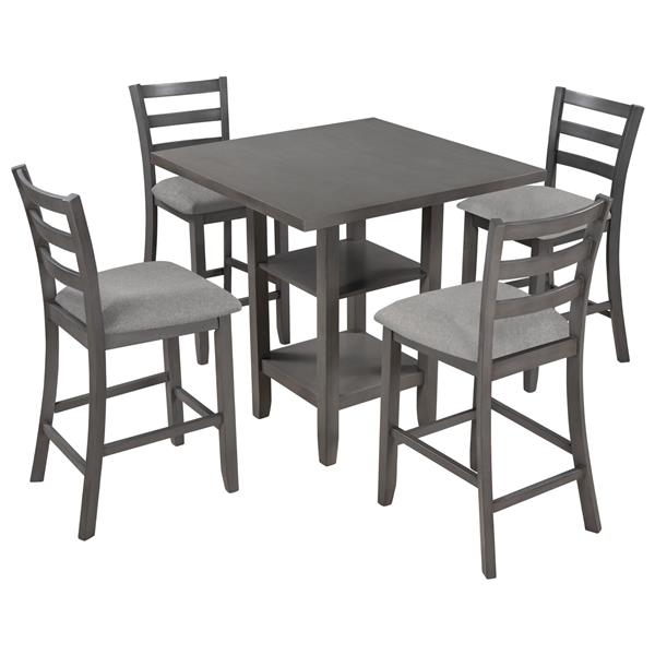 5-Piece Wooden Counter Height Dining Set with Padded Chairs and Storage Shelving (Gray)