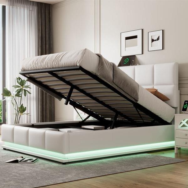 Full Size Tufted Upholstered Platform Bed with Hydraulic Storage System,PU Storage Bed with LED Lights and USB charger, White