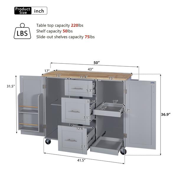 Rolling Kitchen Island with Storage, Kitchen Cart with Rubber Wood Top, 3 Drawer, 2 Slide-Out Shelf and Internal Storage Rack, Kitchen Island on Wheels with Spice Rack & Tower Rack, Grey Blue