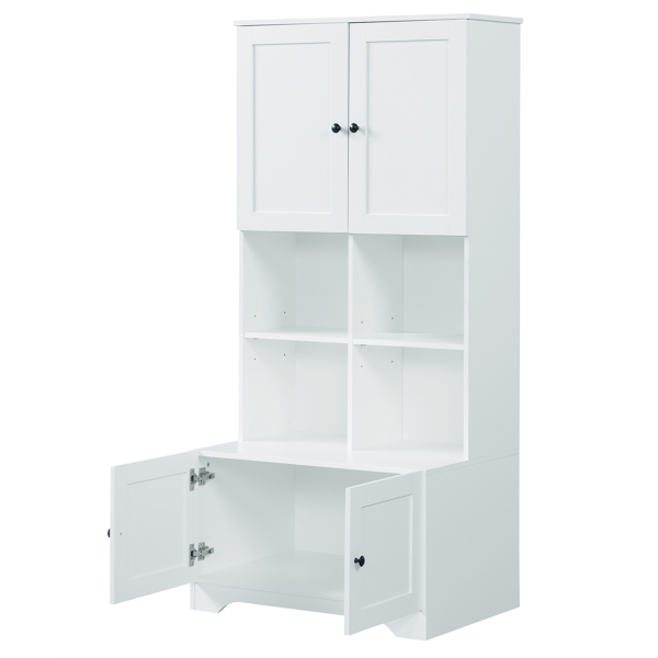 Tall and Wide Bathroom Floor Storage Cabinet, Bathroom Storage Unit, Freestanding Cabinet with 4 Doors, Adjustable Shelves, Open multi-layer Shelves, White 