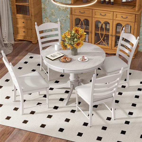 5-Piece Retro Functional Dining Table Set Wood Round Extendable Dining Table and 4 Upholstered Dining Chairs (Antique White)