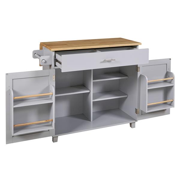 K&K Rolling Kitchen Island with Storage, Kitchen Cart with Rubber Wood Top, Spacious Drawer with Divider and Internal Storage Rack, Kitchen Island on Wheels with Adjustable Shelf Tower Rack, Grey