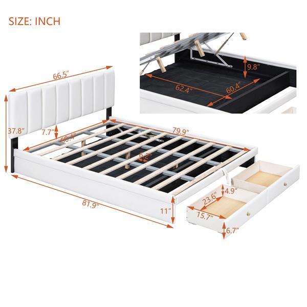 Queen Size Upholstered Bed with Hydraulic Storage System and Drawer, White