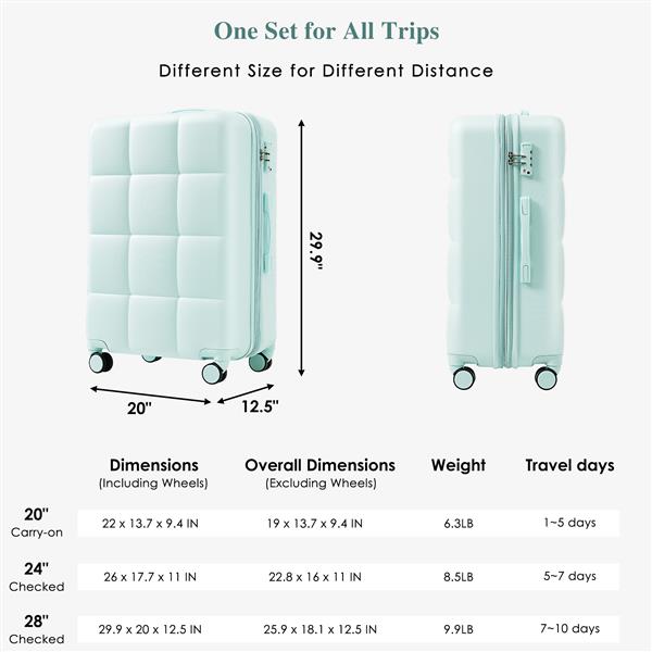 Luggage Set of 3, 20-inch with USB Port, Airline Certified Carry-on Luggage with Cup Holder, ABS Hard Shell Luggage with Spinner Wheels, grey green 