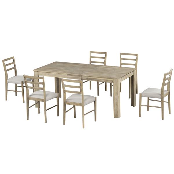 7-Piece Wooden Dining Table Set Mutifunctional Extendable Table with 12" Leaf and 2 Drawers, 6 Dining Chairs with Soft Cushion (Natural Wood Wash)