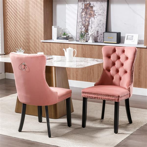 Modern, High-end Tufted Solid Wood Contemporary Velvet Upholstered Dining Chair with Wood Legs Nailhead Trim 2-Pcs Set,Pink