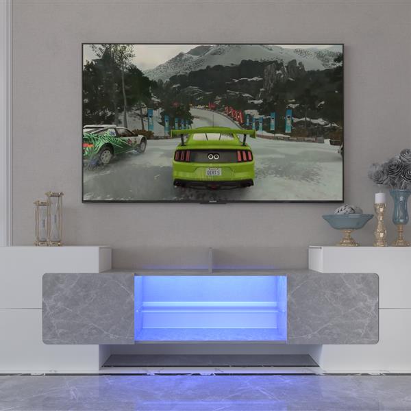 [Video] TV Console with Storage Cabinets, Long LED TV Stand Full RGB Color Selection, 31 Modes Changing Lights Modern Entertainment Center with 2 Tempered Glass Shelves (Grey/White, for 80 inches)