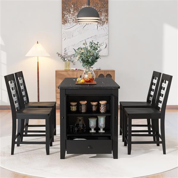 Counter Height 5-piece Dining Table Set with Faux Marble Tabletop, Solid Wood Table Set with Storage Cabinet and Drawer, Black