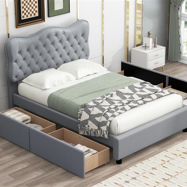 Full Size PU Leather Upholstered Platform Bed with 4 Drawers, Gray