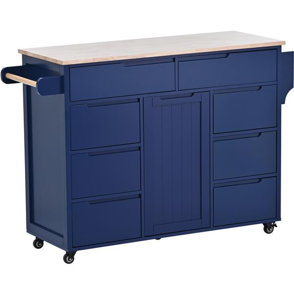 Kitchen Cart with Rubber Wood Countertop , Kitchen Island has 8 Handle-Free Drawers Including a Flatware Organizer and 5 Wheels for Kitchen Dinning Room, Dark Blue