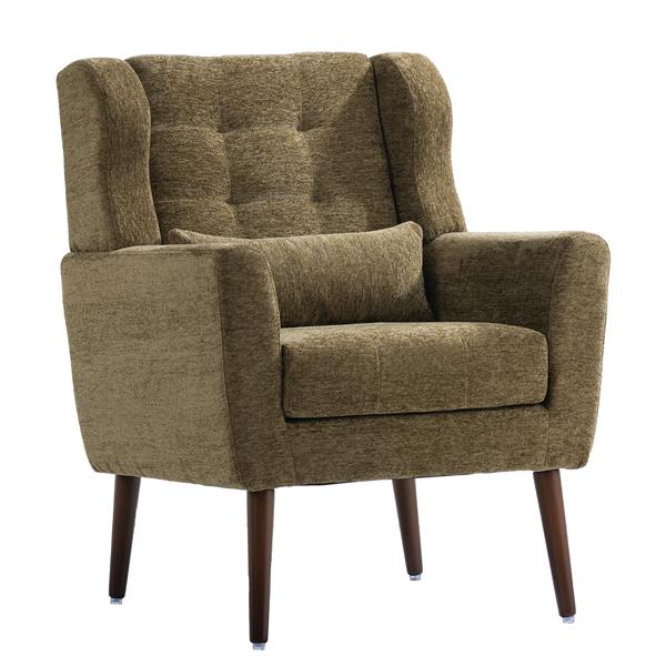 Modern Accent Chair,Chenille Arm Chairs for Living Room,Upholstered Mordern Armchair,Comfy Soft Padded Lounge Chair in Small Space, Bedroom, w/Pillow, Solid Wood Leg (Olive Green)