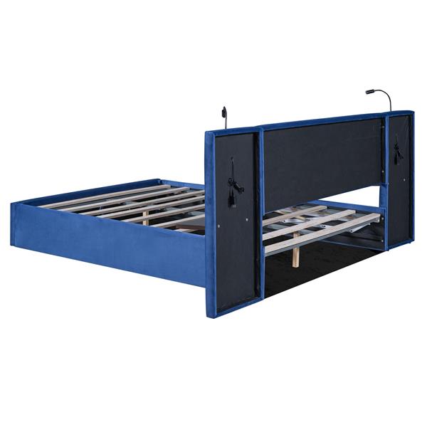 Queen Size Storage Upholstered Hydraulic Platform Bed with 2 Shelves, 2 Lights and USB, Blue