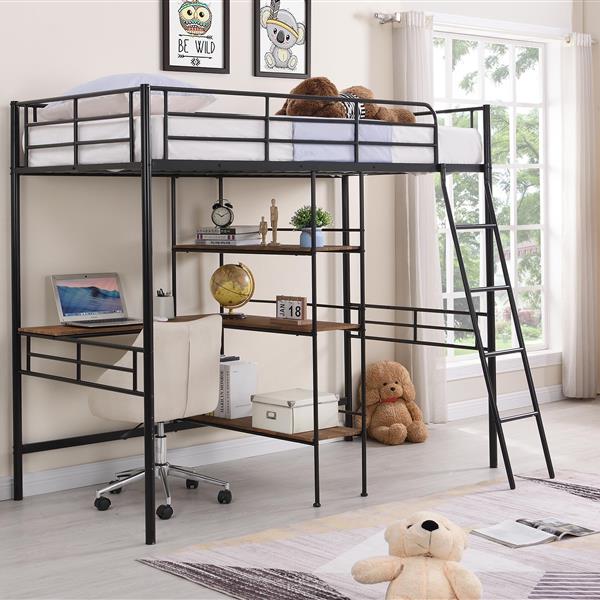 Twin Size Metal Loft Bed and Built-in Desk and Shelves,Black