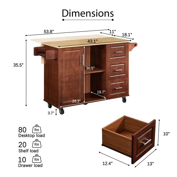 Mobile Kitchen Island Cart With 3 drawers