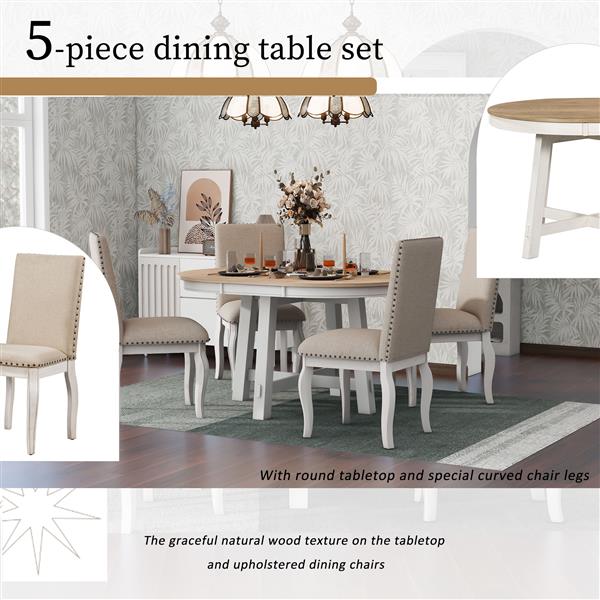 5-Piece Farmhouse Dining Table Set Wood Round Extendable Dining Table and 4 Upholstered Dining Chairs (Oak Natural Wood + Antique White)