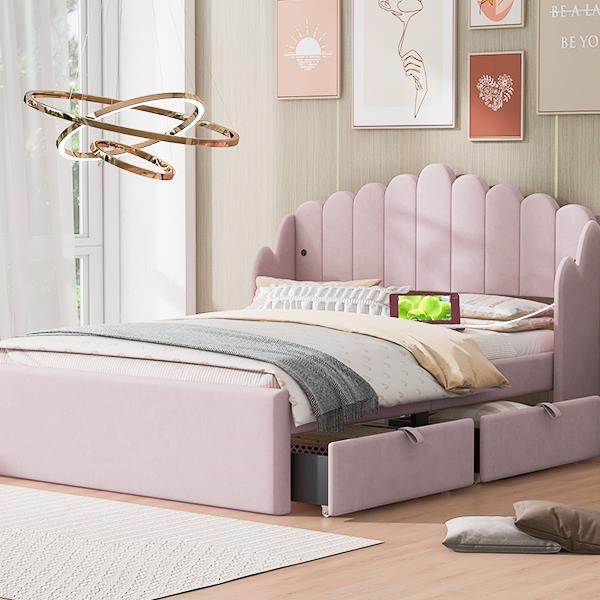 Full Size Upholstered Platform Bed with 4 Drawers and 2 USB, Pink