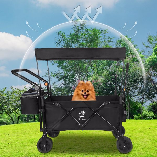 Collapsible Wagon Heavy Duty Folding Wagon Cart with Removable Canopy, 4" Wide Large All Terrain Wheels, Brake, Adjustable Handles,Cooler Bag Utility Carts for Outdoor Garden Wagons Carts Beach Cart