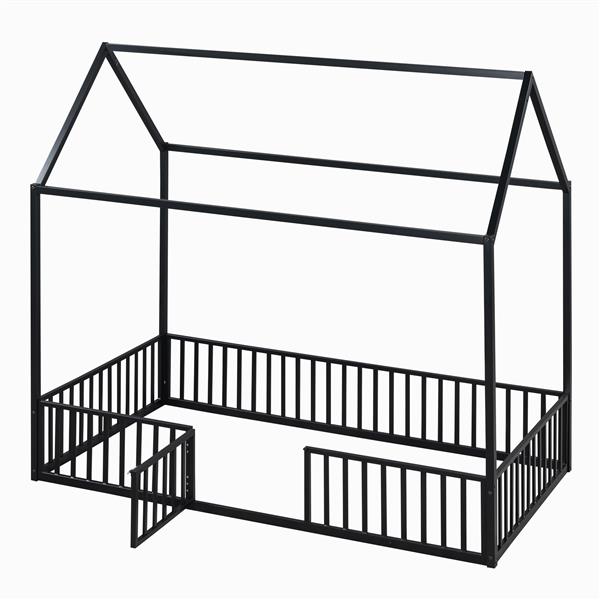 Twin Size Metal House Bed with Fence and Door, Black