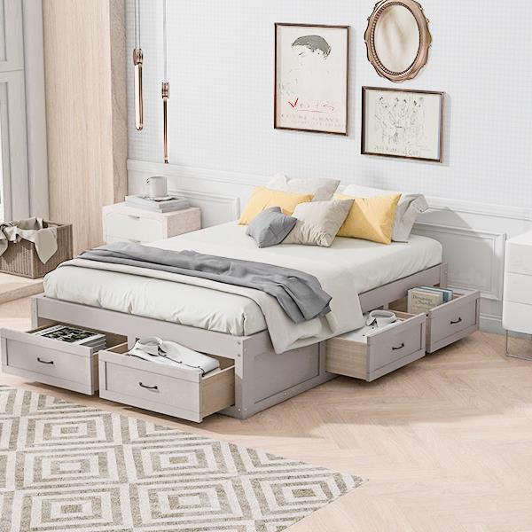 Full Size Platform Bed with 6 Storage Drawers,Antique White