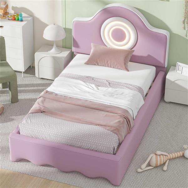 Twin Size Upholstered Platform Bed with LED Headboard, Pink