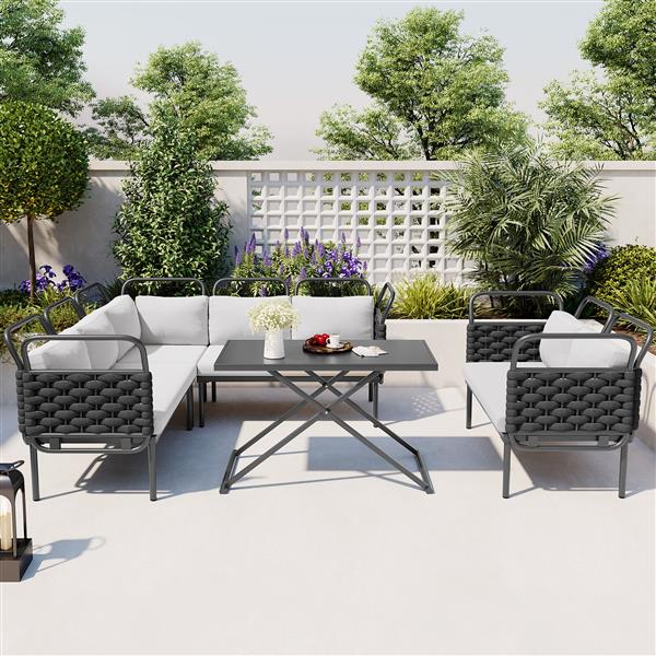 5-Piece Modern Patio Sectional Sofa Set Outdoor Woven Rope Furniture Set with Glass Table and Cushions, Black+Gray