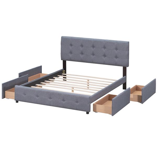 Upholstered Platform Bed with Classic Headboard and 4 Drawers, No Box Spring Needed, Linen Fabric, Queen Size Dark gray