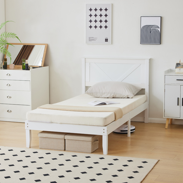 Twin Size Solid Wood Platform Bed Frame with Headboard White