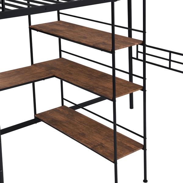 Twin Size Metal Loft Bed and Built-in Desk and Shelves,Black