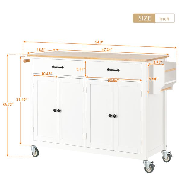 Kitchen Island Cart with Solid Wood Top and Locking Wheels,54.3 Inch Width,4 Door Cabinet and Two Drawers,Spice Rack, Towel Rack (White)