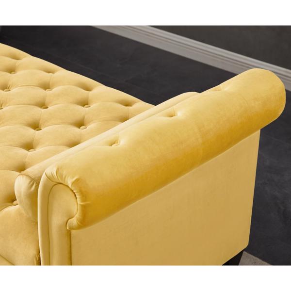 Yellow, Solid Wood Legs Velvet Rectangular Sofa Bench with Attached Cylindrical Pillows 