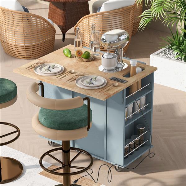 Kitchen Island with Power Outlet,Kitchen Storage Island with Drop Leaf and Rubber Wood,Open Storage and Wine Rack,5 Wheels,with Adjustable Storage for Home, Kitchen, and Dining Room, Grey Blue