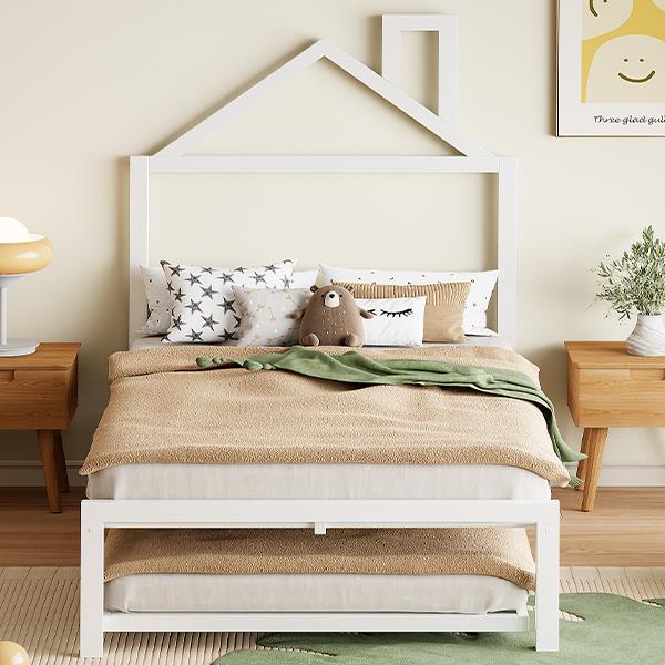 Twin Size Metal Platform Bed with twin size trundle,House-Shaped Headboard Design, White